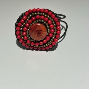 Red Beaded Statement Bracelet with Brass Accents